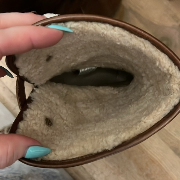 UGG Lynnea Boots Chestnut Leather Sheepskin Lining Wooden Platforms Clog Size 7 - Picture 9 of 12